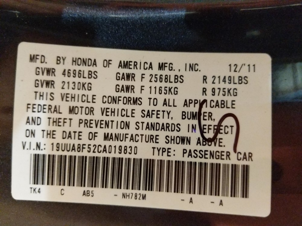 2012 Acura TL - VIN Plate