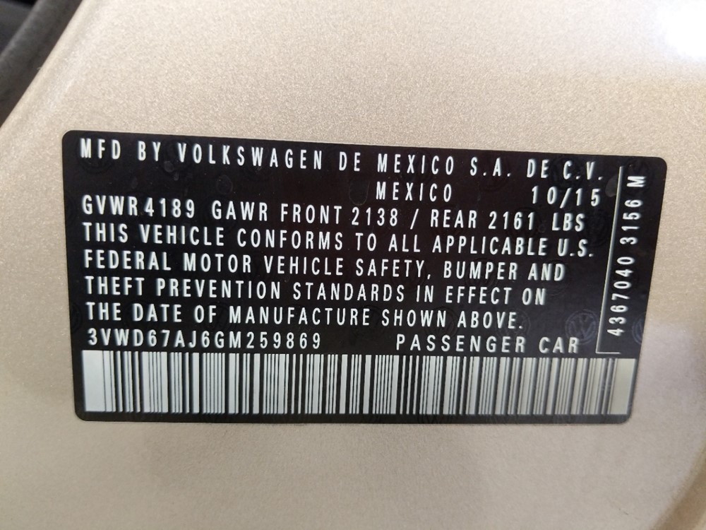 2016 Volkswagen Jetta - VIN Plate