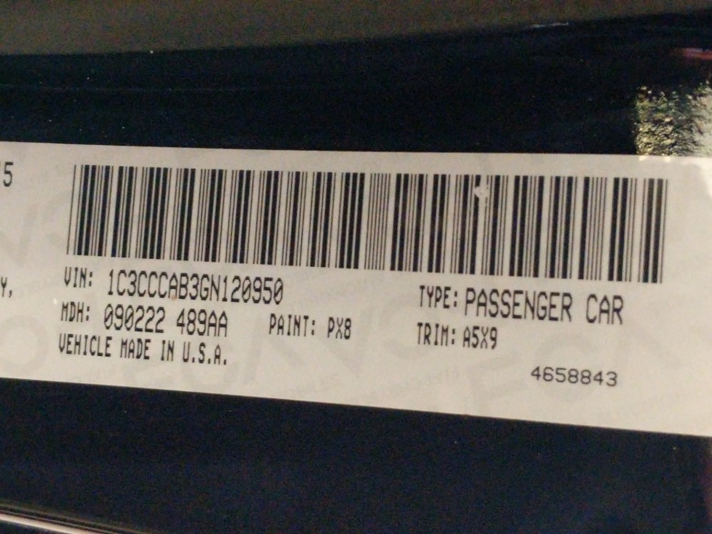 2016 Chrysler 200 - VIN Plate