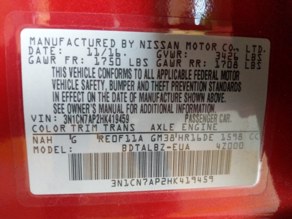 2017 Nissan Versa - VIN Plate