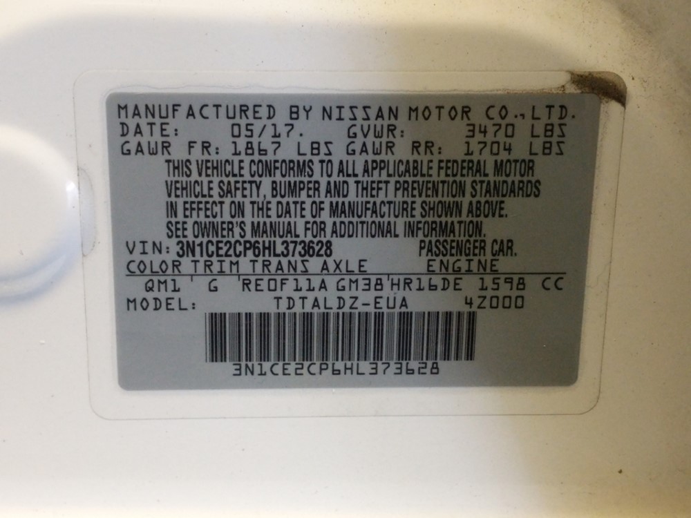 2017 Nissan Versa - VIN Plate