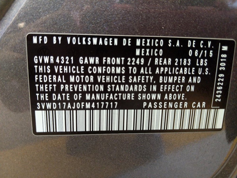 2015 Volkswagen Jetta - VIN Plate
