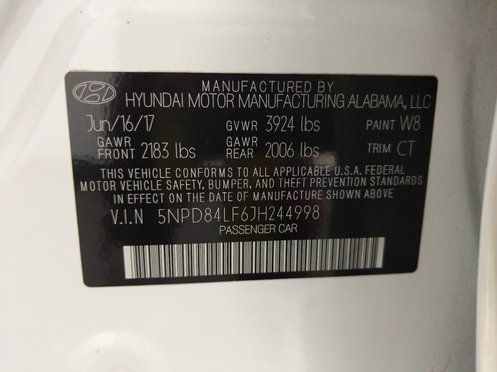2018 Hyundai Elantra - VIN Plate