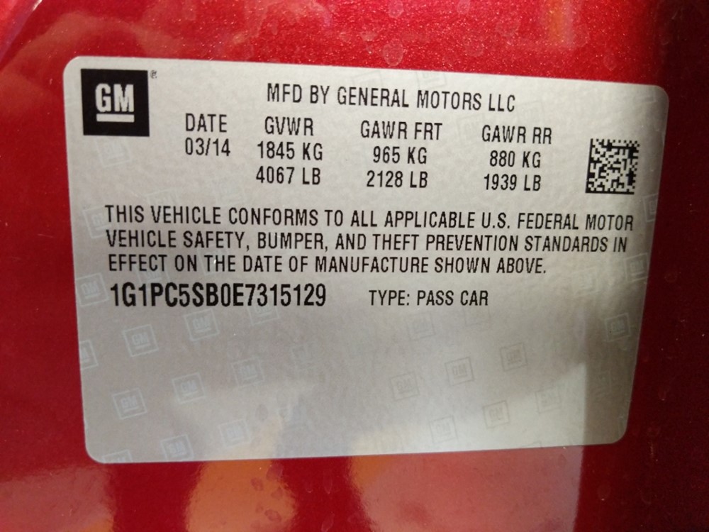 2014 Chevrolet Cruze - VIN Plate