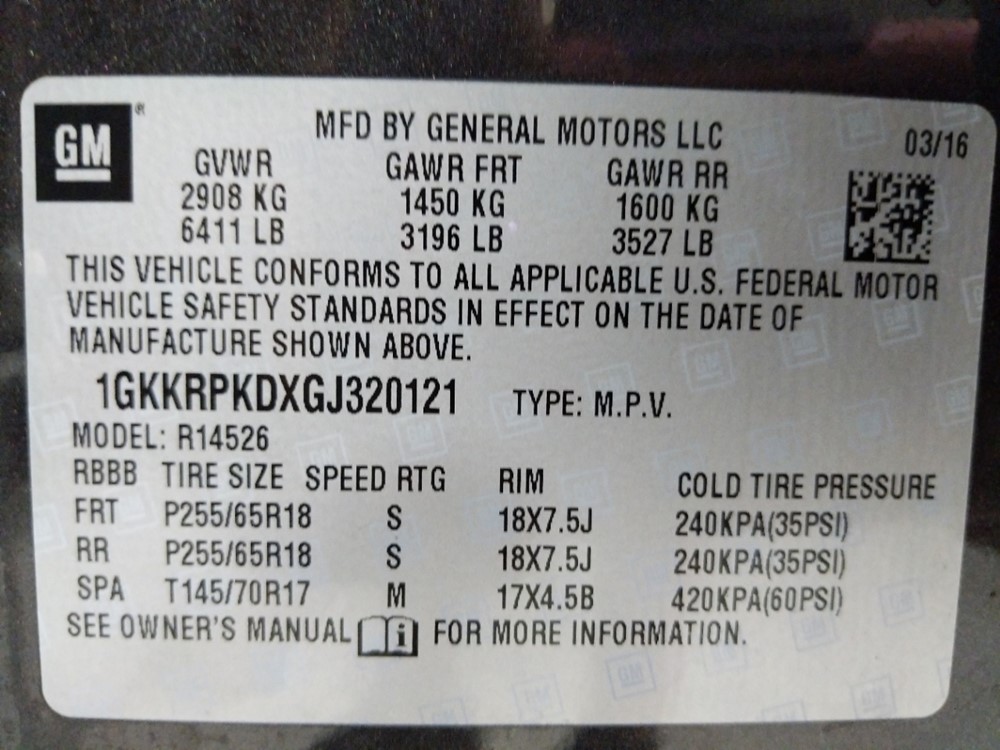 2016 GMC Acadia - VIN Plate