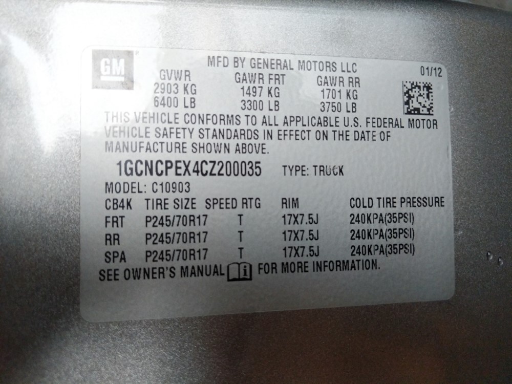 2012 Chevrolet Silverado 1500 - VIN Plate