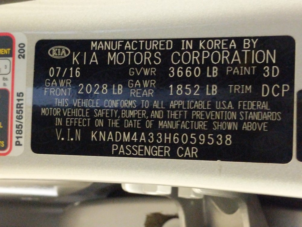 2017 Kia Rio - VIN Plate