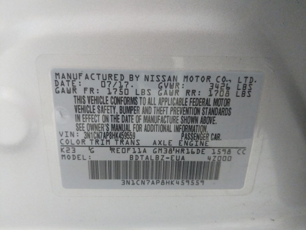 2017 Nissan Versa - VIN Plate