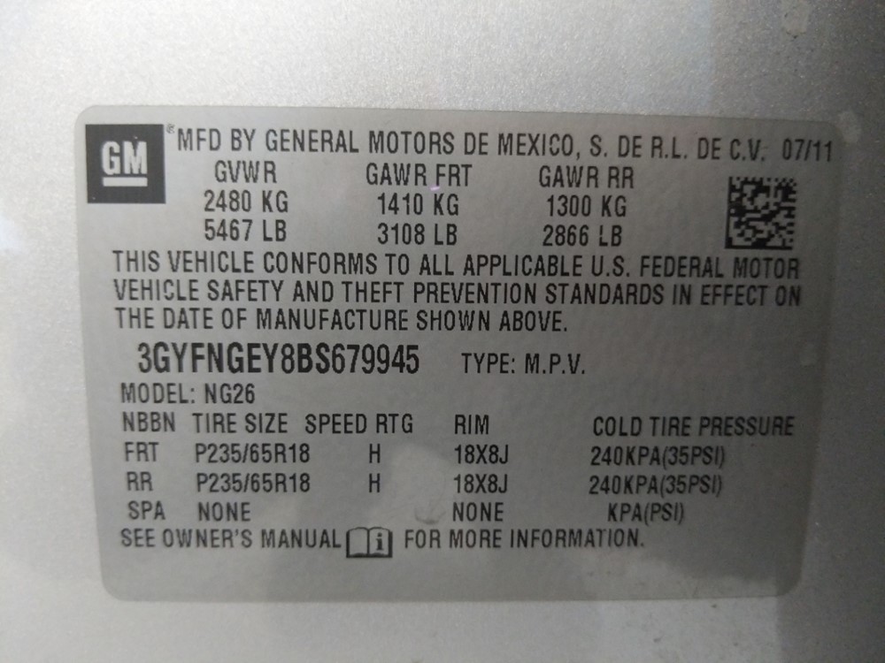 2011 Cadillac SRX - VIN Plate