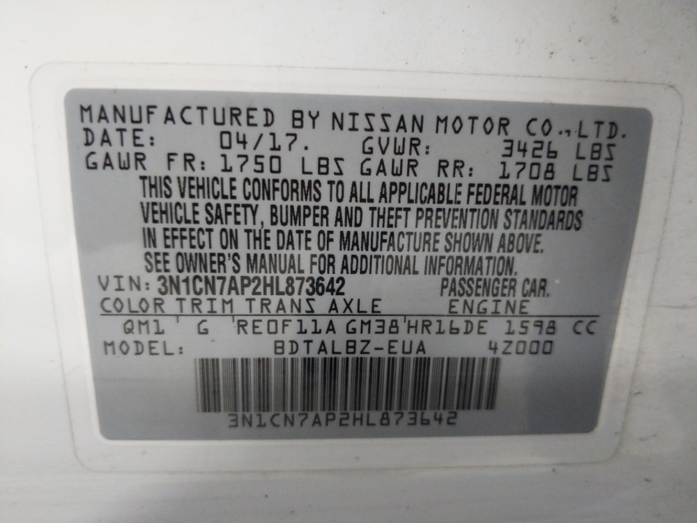2017 Nissan Versa - VIN Plate