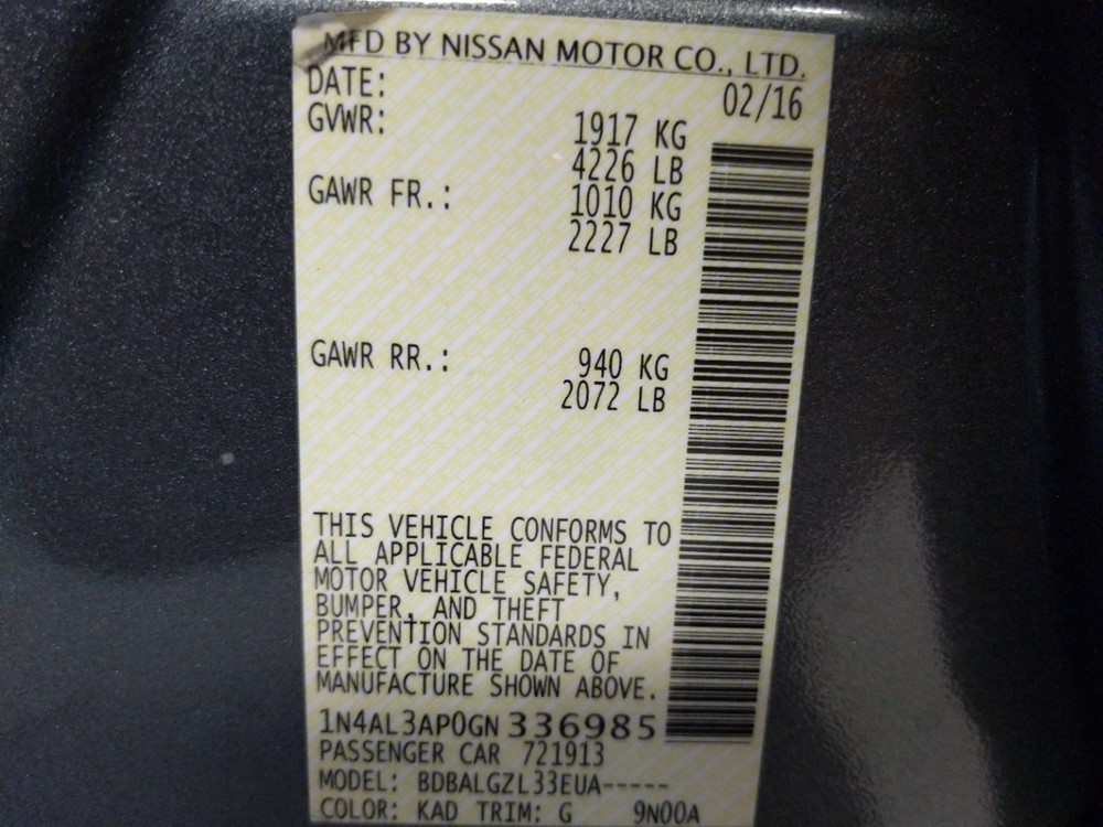 2016 Nissan Altima - VIN Plate