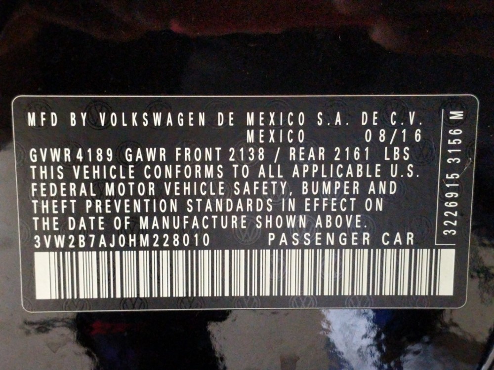 2017 Volkswagen Jetta - VIN Plate