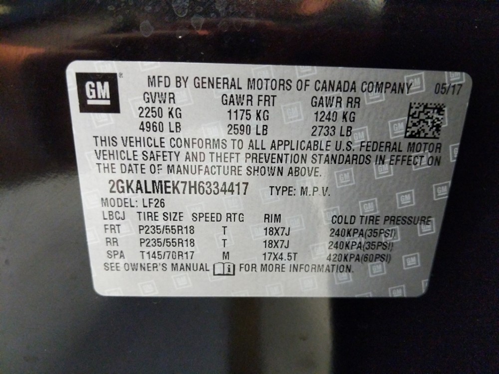 2017 GMC Terrain - VIN Plate