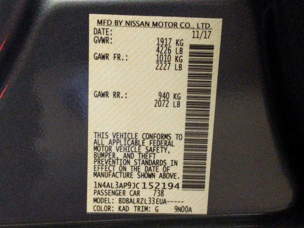 2018 Nissan Altima - VIN Plate