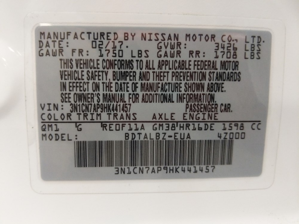 2017 Nissan Versa - VIN Plate