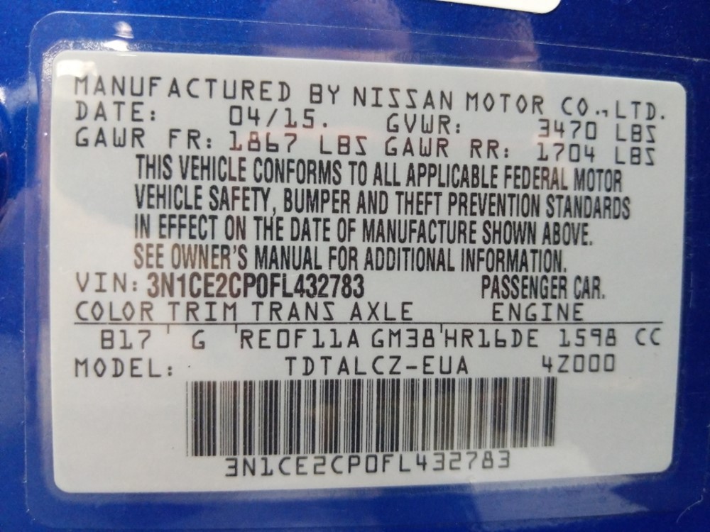 2015 Nissan Versa - VIN Plate