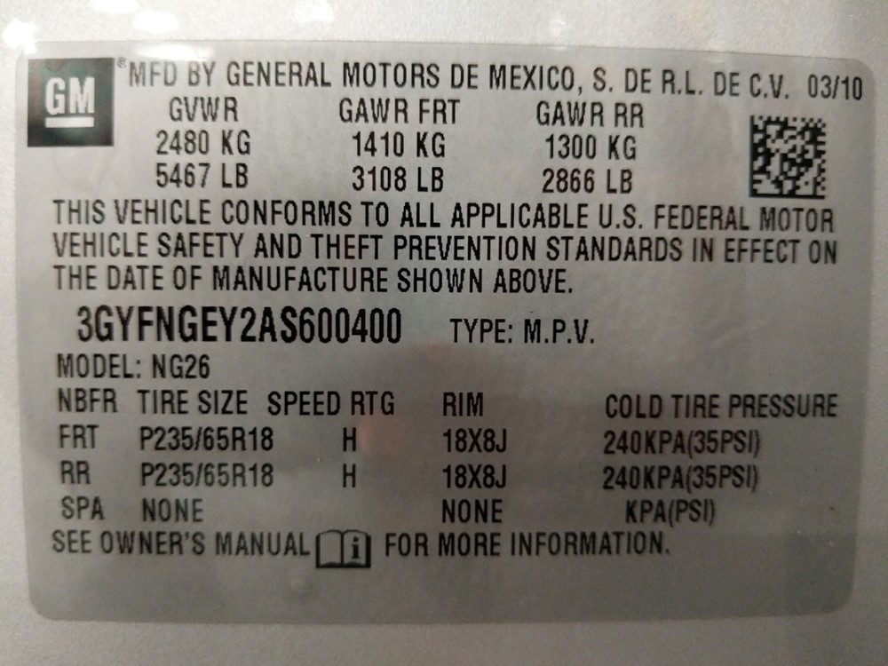 2010 Cadillac SRX - VIN Plate