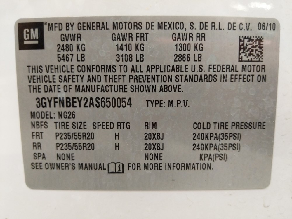 2010 Cadillac SRX - VIN Plate