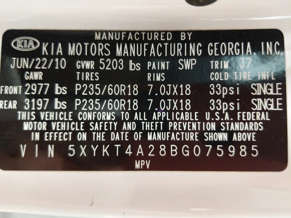 2011 Kia Sorento - VIN Plate