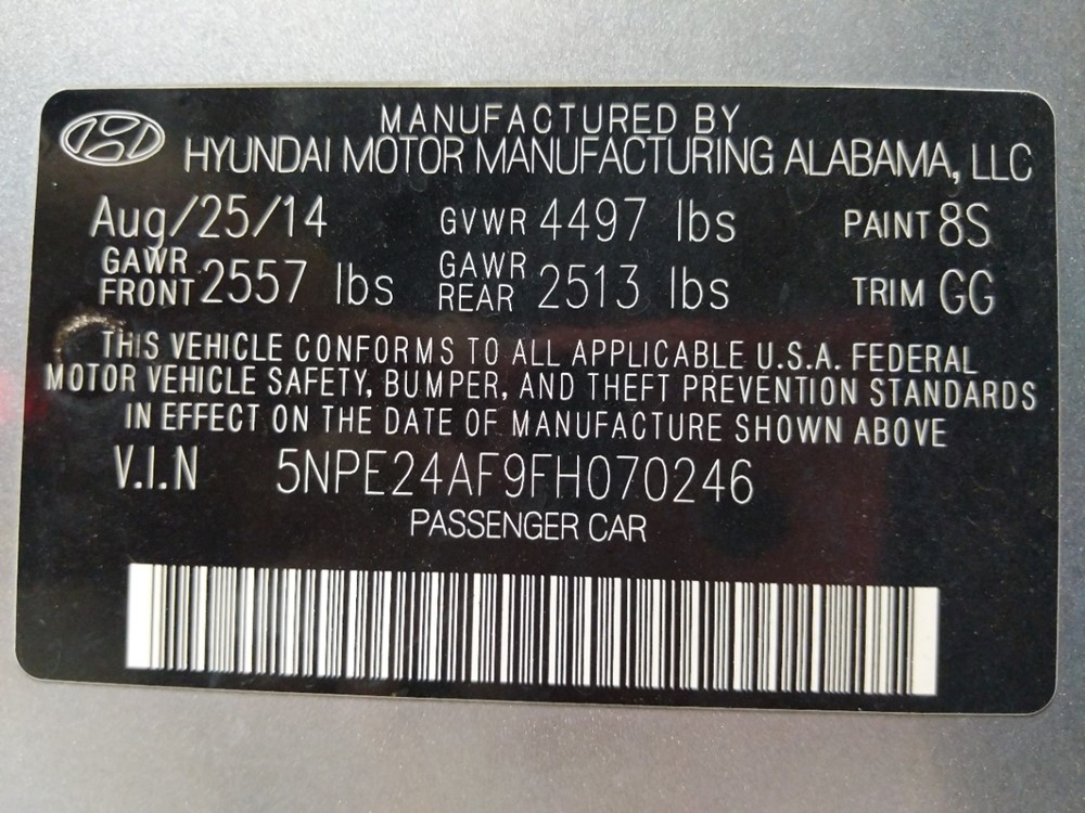 2015 Hyundai Sonata - VIN Plate