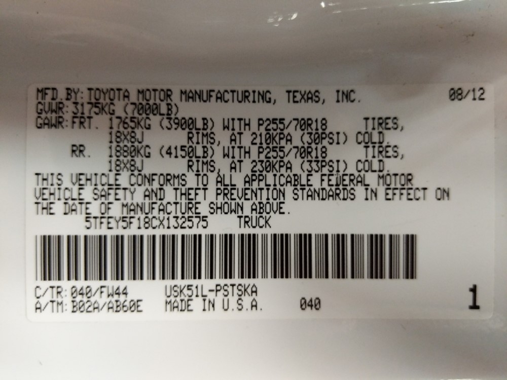 2012 Toyota Tundra - VIN Plate