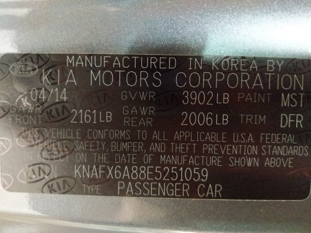 2014 Kia Forte - VIN Plate