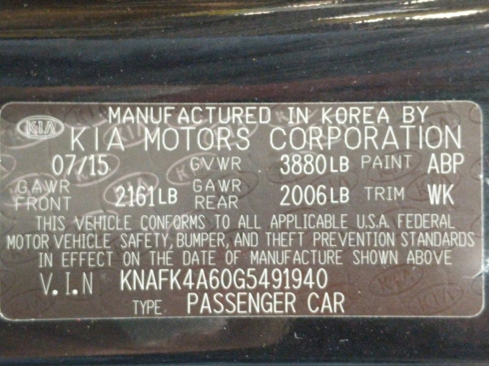 2016 Kia Forte - VIN Plate
