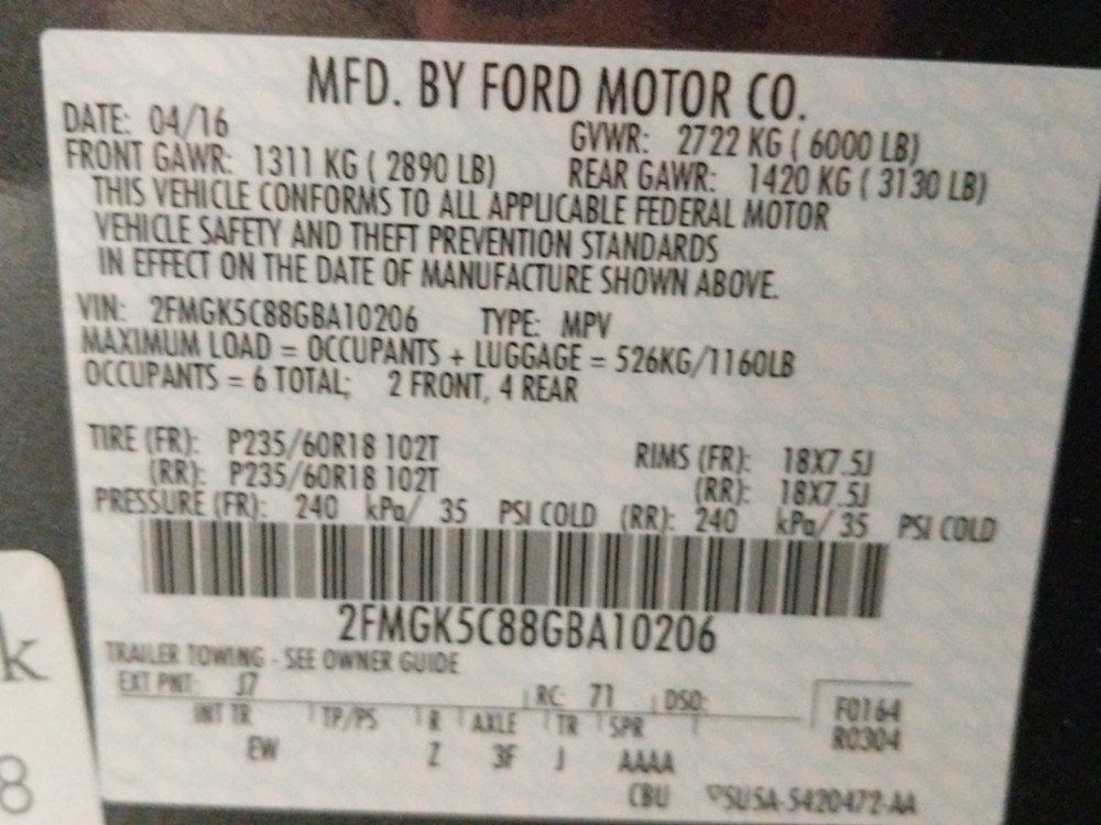 2016 Ford Flex - VIN Plate