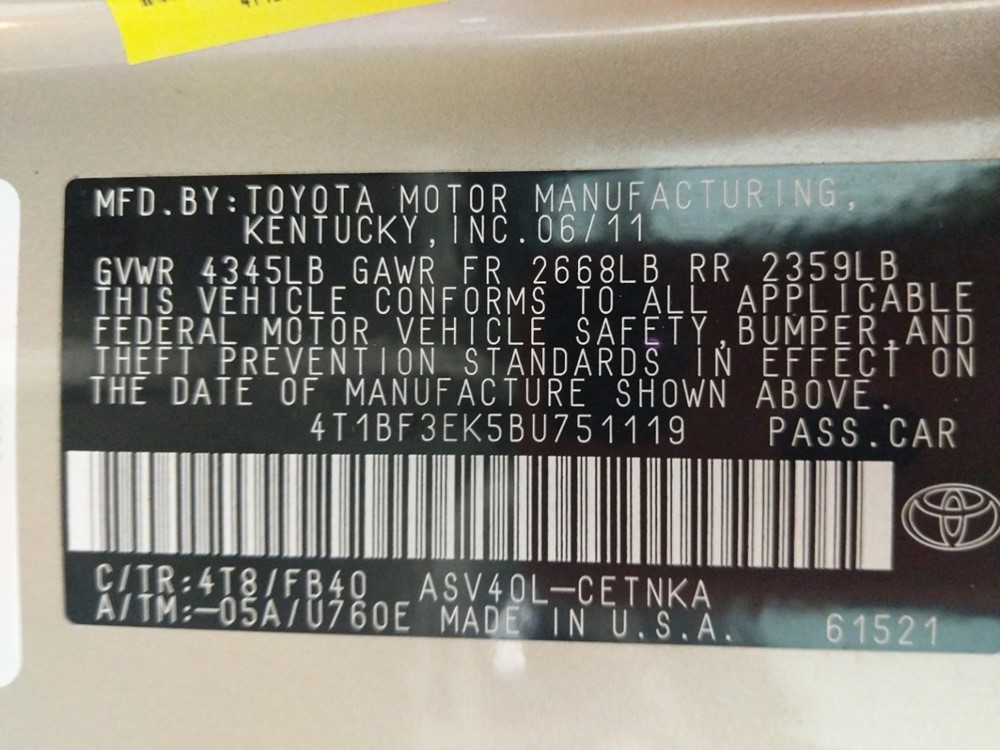 2011 Toyota Camry - VIN Plate