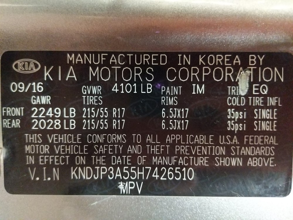 2017 Kia Soul - VIN Plate