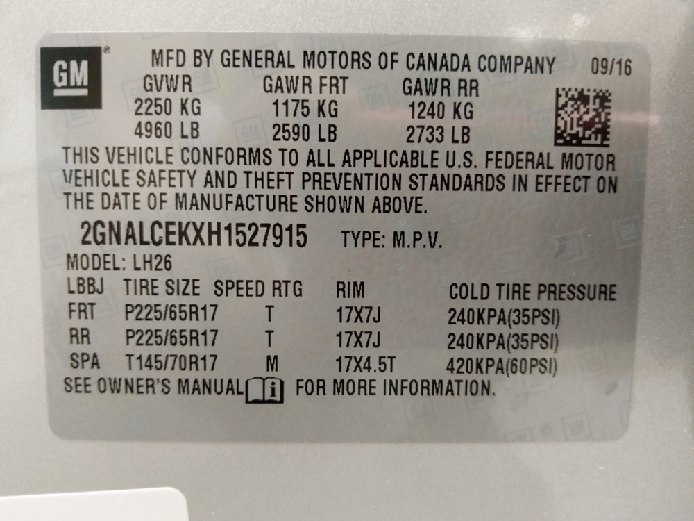 2017 Chevrolet Equinox - VIN Plate