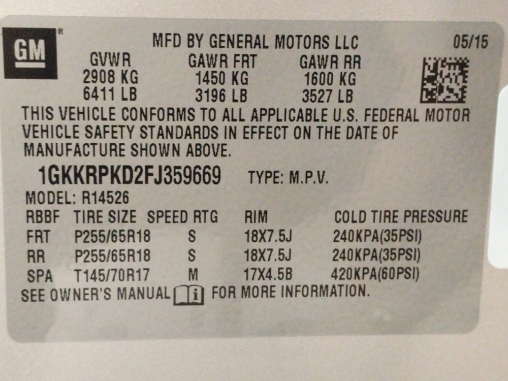 2015 GMC Acadia - VIN Plate
