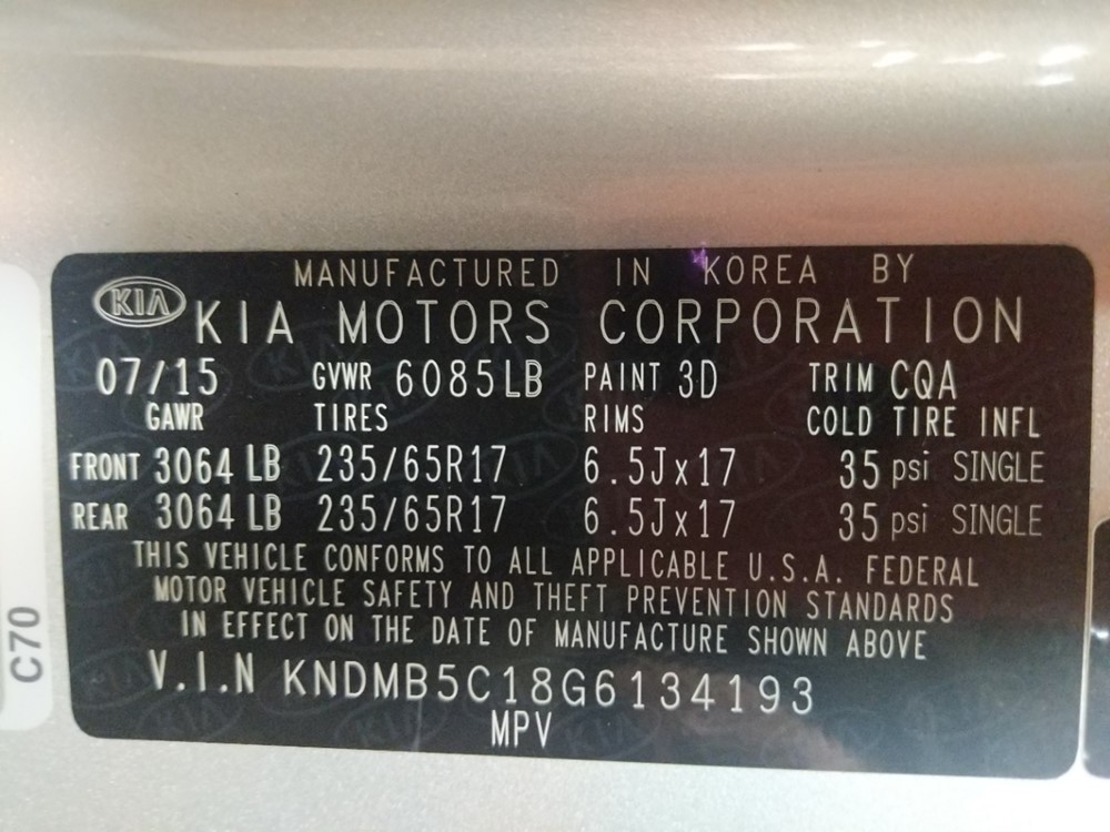 2016 Kia Sedona - VIN Plate