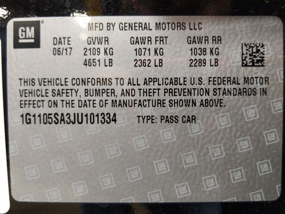2018 Chevrolet Impala - VIN Plate