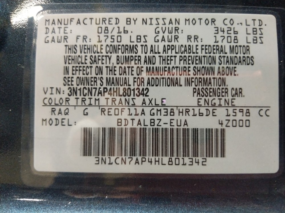 2017 Nissan Versa - VIN Plate