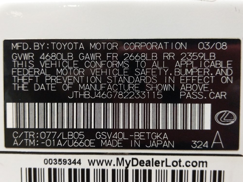2008 Lexus ES 350 - VIN Plate