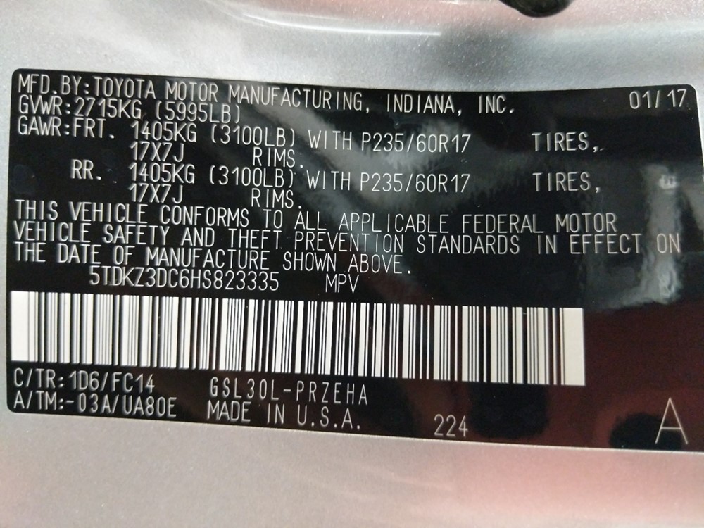 2017 Toyota Sienna - VIN Plate