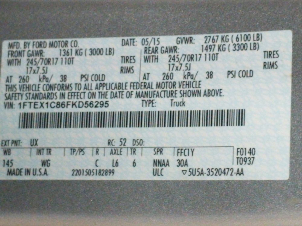 2015 Ford F-150 - VIN Plate