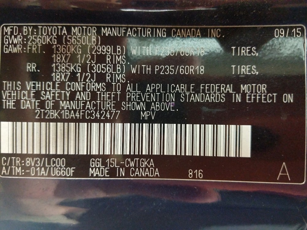 2015 Lexus RX 350 - VIN Plate