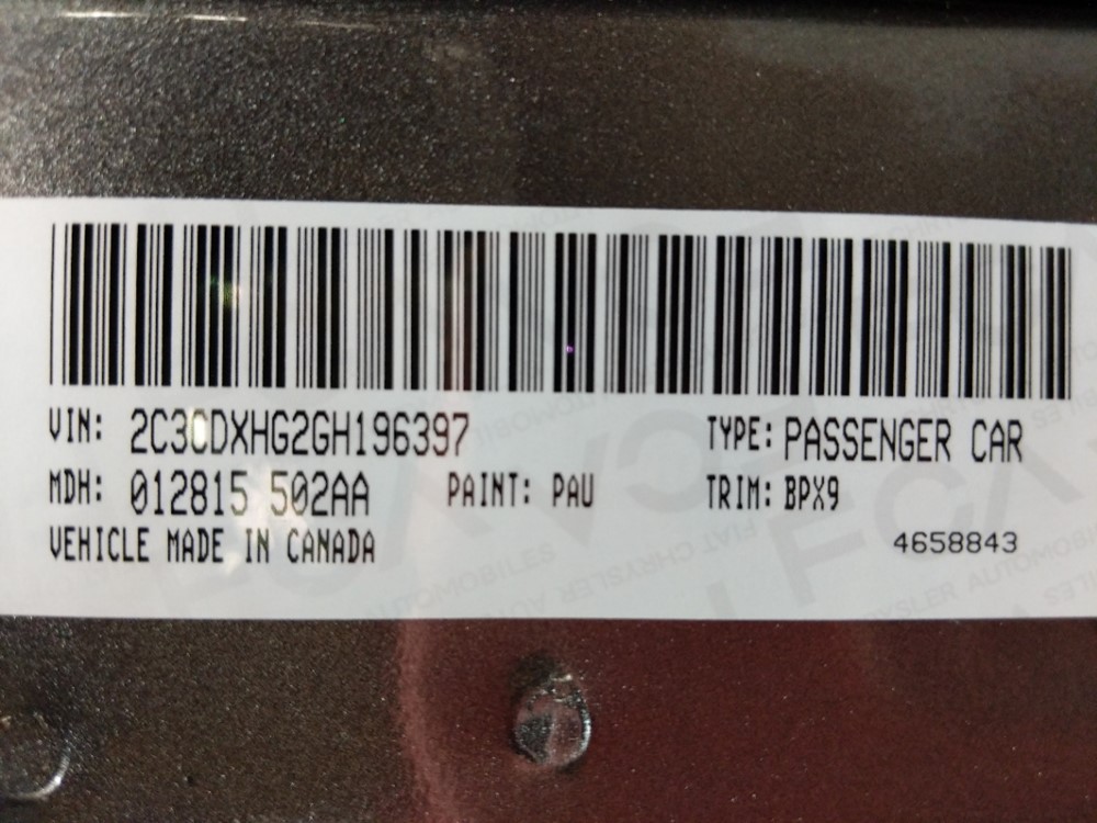 2016 Dodge Charger - VIN Plate