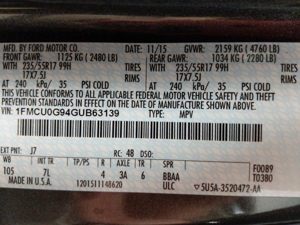 2016 Ford Escape - VIN Plate