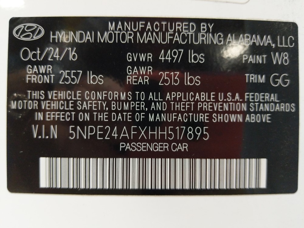 2017 Hyundai Sonata - VIN Plate