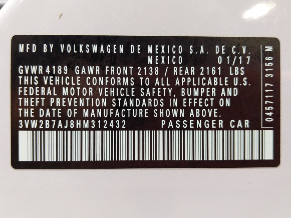 2017 Volkswagen Jetta - VIN Plate