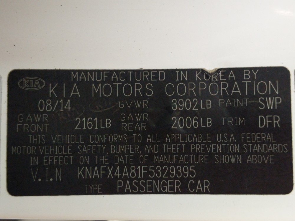 2015 Kia Forte - VIN Plate