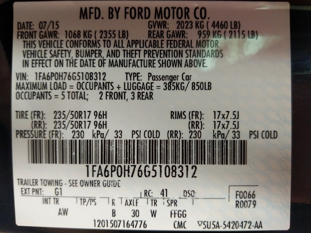 2016 Ford Fusion - VIN Plate