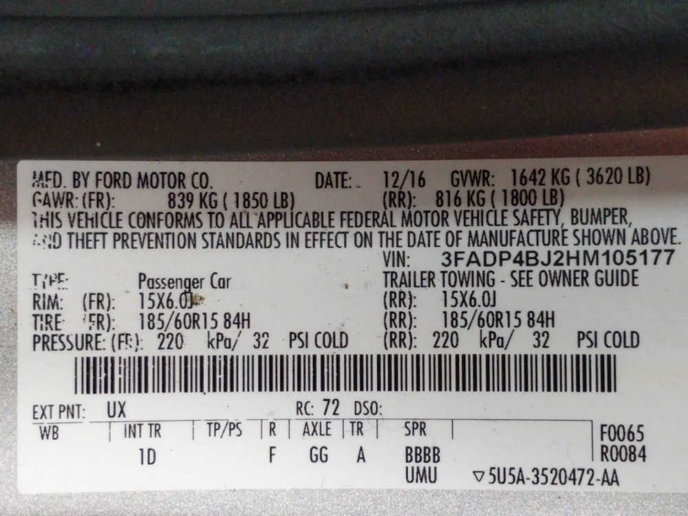 2017 Ford Fiesta - VIN Plate