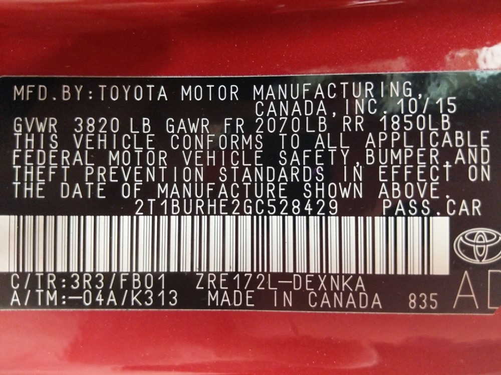 2016 Toyota Corolla - VIN Plate
