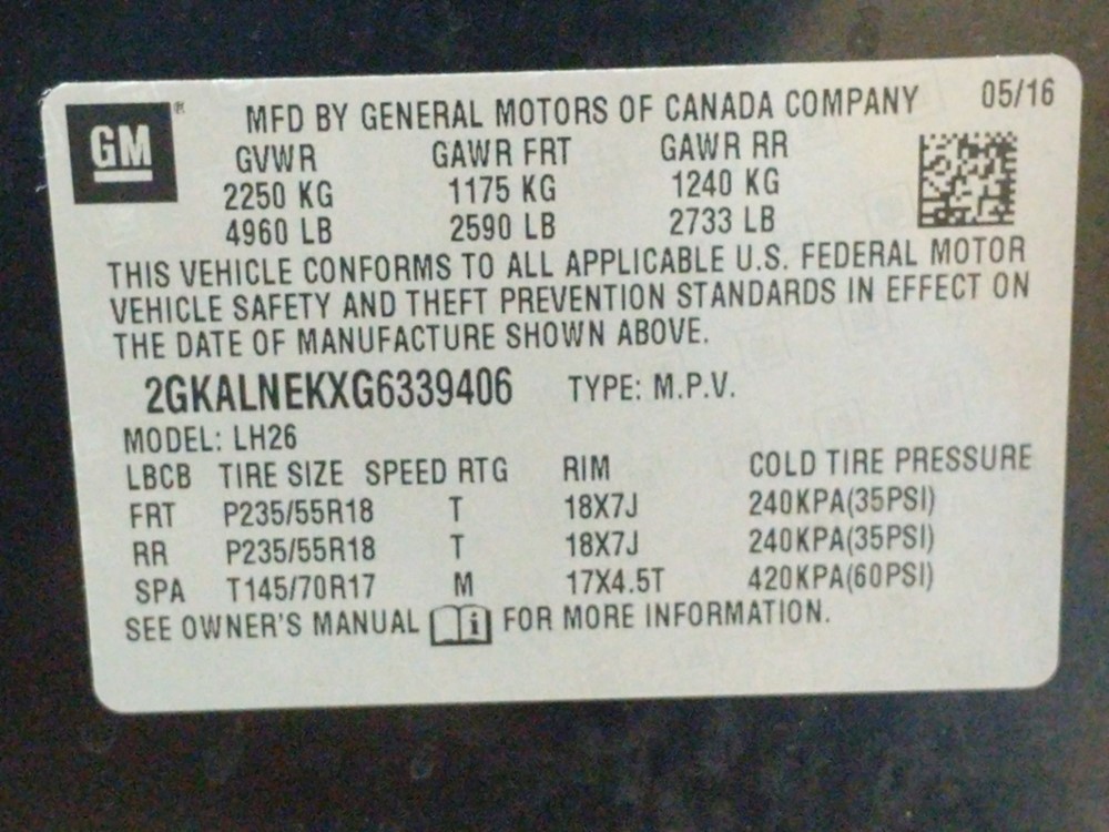 2016 GMC Terrain - VIN Plate