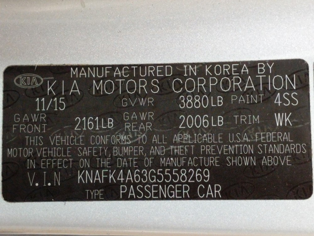 2016 Kia Forte - VIN Plate