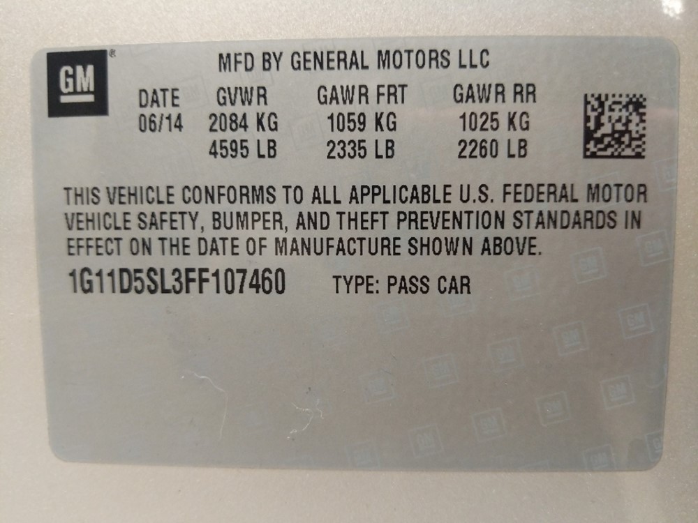 2015 Chevrolet Malibu - VIN Plate